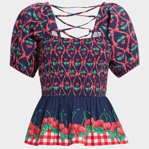 Anthropologie Damson Madder Allegra Cherry Pie Smocked Top Navy Red Sz 14 NEW